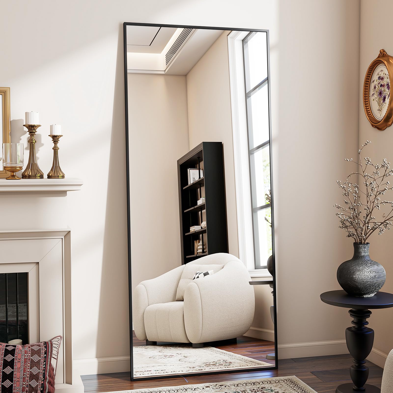 A leaning mirror reflects the window across the room and roughly doubles the perceived light.