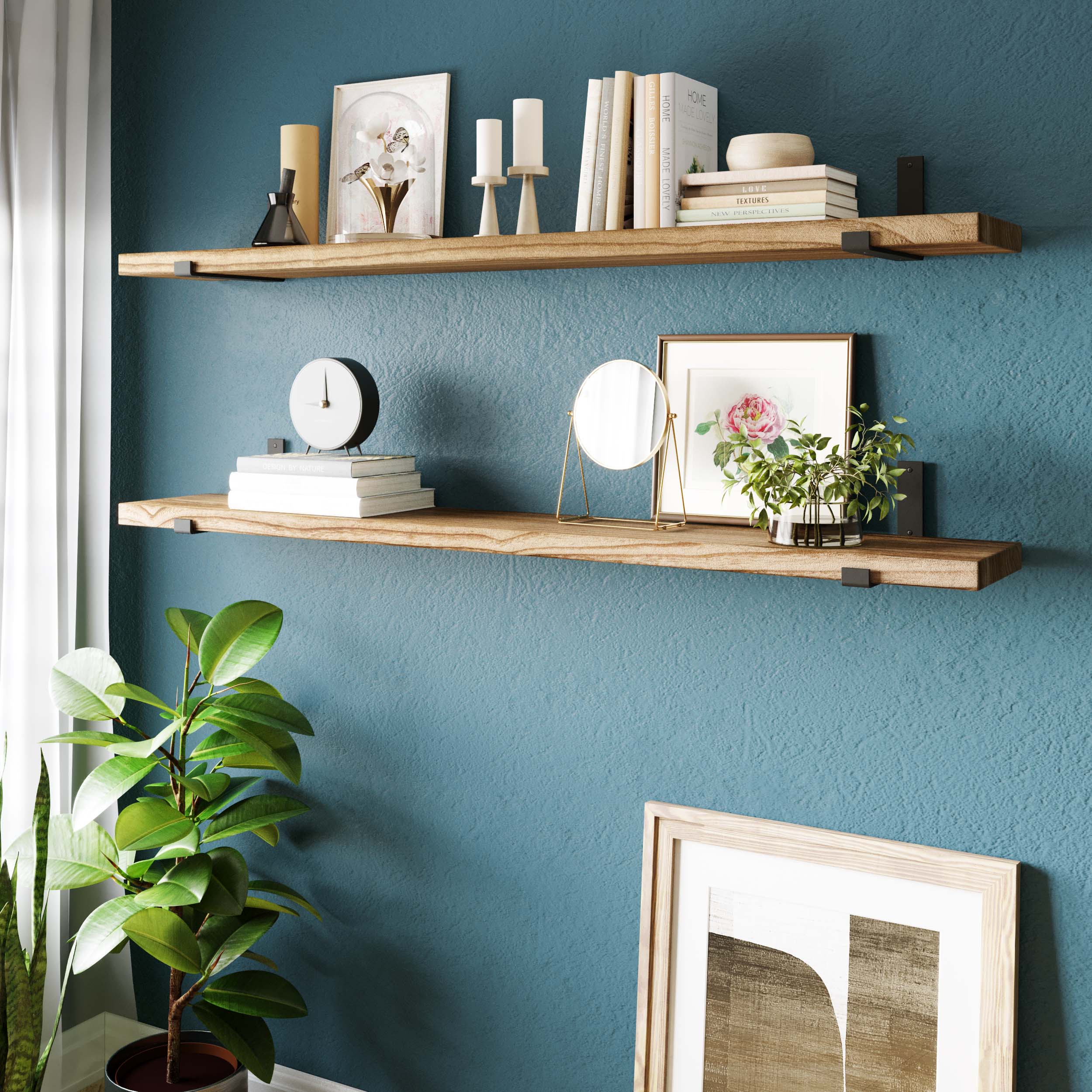 Floating shelves give you display surface without eating floor space. Two slim ones beat one bulky bookcase.